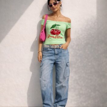 Top verde con stampa ciliegie Tg S