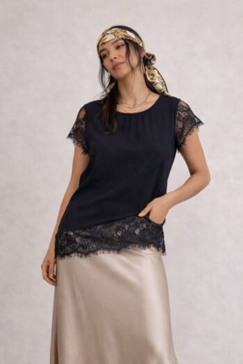 Maglia velata nera con pizzo Tg S