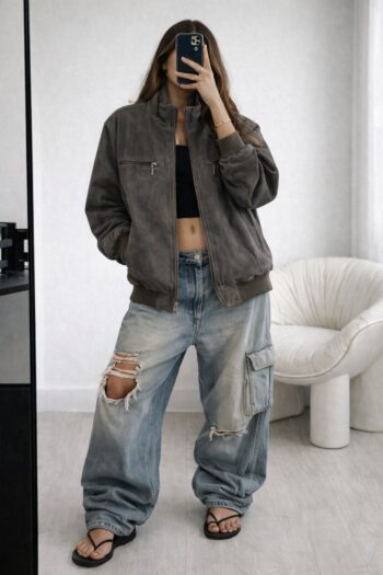 Bomber grigio top in suede Tg S/M over