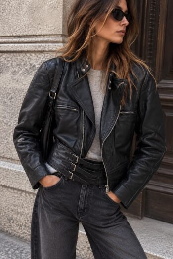 Chiodo nero con cintura in vera pelle Tg XS