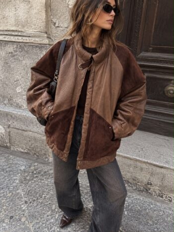 Bomber cioccolato in pelle martellata & suede Tg unica fino XL